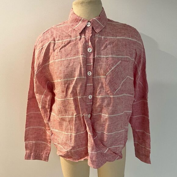 Habitat Clothes to Live In Red & White Stripe Linen Crossover Blouse Size Small - Picture 2 of 9